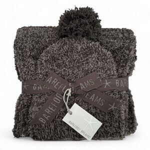 NWT Barefoot Dreams Espresso Cocoa CozyChic Pom Pom Beanie & Scarf Set One Size